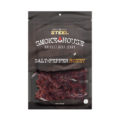 Steel Supplements Jerky Salt N Pepper Honey 2.5 oz. Steel Smokehouse Brisket Beef Jerky